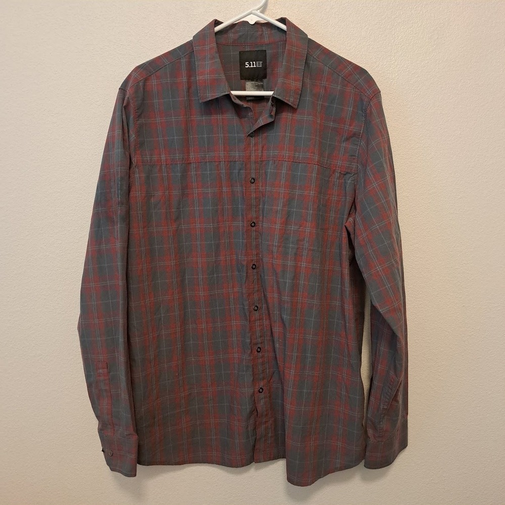 5.11 Tactical Mens Grey Red Plaid Long Sleeve Snap Button Down Shirt Large